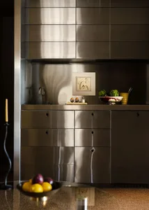 A modern minimalist kitchen with stainless steel cabinets and countertops, featuring a sleek and polished design.