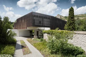 Modern residential home with wooden exterior and greenery surrounding.