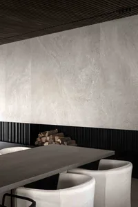 Minimalist kitchen featuring exposed concrete walls and sleek, contemporary furniture.