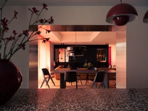 Modern living room with terrazzo flooring and minimalist design