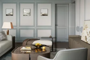 A modern living room featuring textured canvas and sleek furniture.