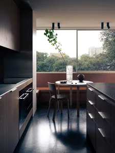Modern residential kitchen with dark wood cabinets and dark metal accents