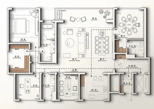 現代住宅平面圖的詳細2D建築繪圖，標示各個房間與功能區域。