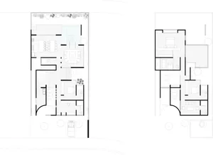 Modern architectural floor plan with minimalist design, featuring open living areas and a central courtyard.