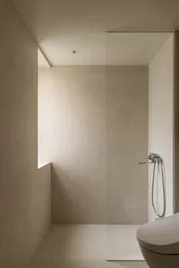 Modern, minimalist bathroom featuring transparent glass walls.