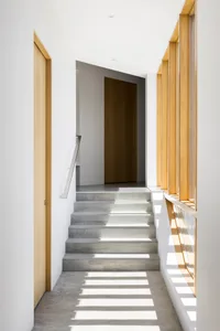 Modern minimalist interior with concrete stairs and wooden accents.