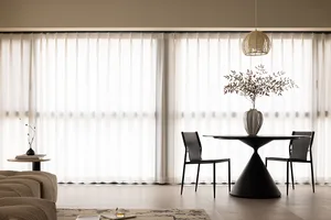 A modern minimalist living and dining room featuring a fabric curtain, round table, and chairs.