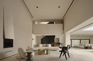Modern minimalist living room with neutral tones, featuring a white sectional sofa and a grand piano.