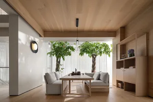 Modern minimalist living room with wooden furniture and trees