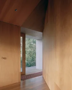Modern entryway featuring wooden walls, flooring, and ceiling, with a view of a green outdoor area.