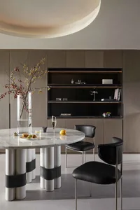 Modern dining room with marble table and chairs