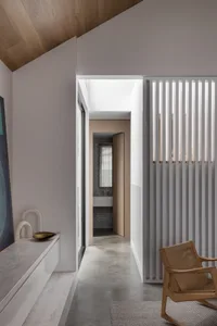 A modern minimalist entrance featuring concrete flooring and wooden accents.