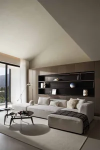Modern minimalist living room featuring a white sectional sofa, black coffee table, and dark wooden shelves.