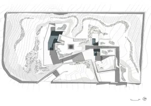 A modern house plan featuring concrete, glass, and steel materials.