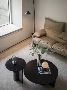 Modern living room with a wooden coffee table, leather sofa, and minimalist decor.