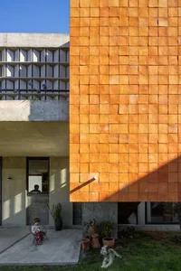 A modern exterior building facade with cement blocks and a dog on the grass.