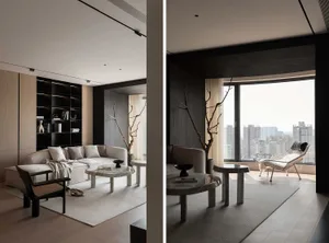 Modern minimalist living room featuring a white marble sofa, coffee tables, and minimalist decor against a dark wood panel wa