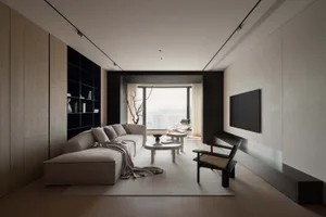 A minimalist living room with wooden paneling, featuring a sofa, coffee table, and large window with city view.