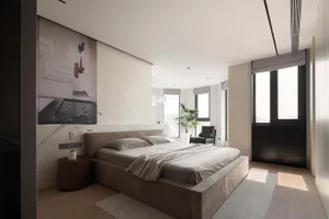 A modern bedroom featuring a large bed with marble headboard and wooden frame, next to a black door with a white marble borde