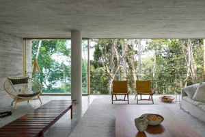 Modern living room with concrete walls and large windows overlooking a forest.