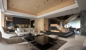 A modern living room with wooden furniture, a fireplace, and a glass aquarium.