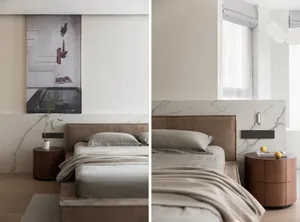 Modern bedroom featuring a luxurious marble headboard and bed with a minimalist design.