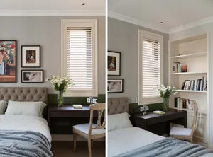 A bedroom interior with neutral colors and a cozy atmosphere.