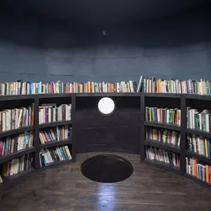 A circular room filled with bookshelves filled with books, illuminated by a small window and a circular hole in the floor.