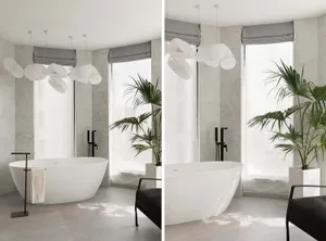 Modern, minimalist bathroom featuring a freestanding white bathtub, large windows, and a hanging cloud-like light fixture.