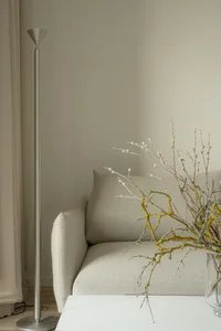 A minimalist living room featuring a light-colored fabric sofa, a floor lamp, and a vase with budding branches.