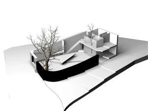 3D rendering of a modern architectural floor plan featuring concrete materials.