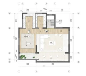 A modern interior floor plan with wooden flooring and a minimalist design.