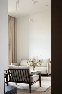 Modern minimalist living room featuring a fabric sofa on a textured rug.