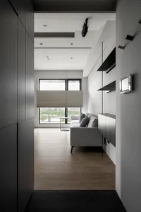 A minimalist living room with a light wood floor and a gray sofa.