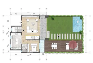 現代住宅室內，開放式客廳、廚房與餐廳區域。