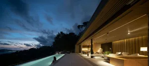 Modern residential interior with luxury materials and minimalist design.