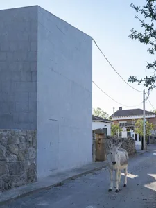A street view of a building with a grey concrete block exterior, featuring a white donkey walking on the pavement.