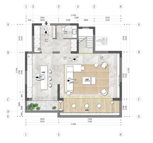 A floor plan of a modern interior design, featuring a living room with wood flooring and a central rug.