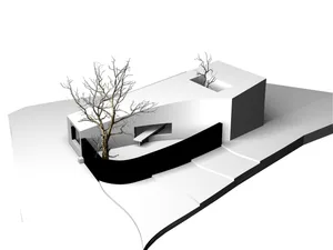A modern minimalist house rendered in black and white, featuring concrete, glass, and metal materials.