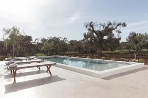 Modern outdoor swimming pool with concrete finish surrounded by greenery and lounge seating.