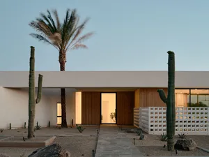 A modern house with stucco exterior, large windows, and a palm tree in the background.