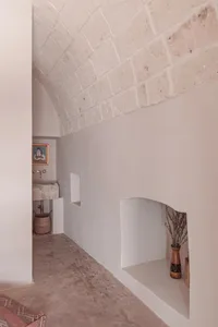 A minimalist interior with a white concrete ceiling and walls, featuring a recessed wall niche with a small plant and decorat
