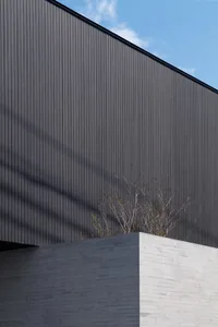 Modern exterior wall clad in horizontal wooden panels with a concrete base.