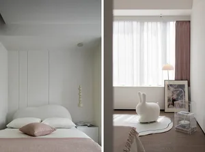 A minimalist bedroom with neutral-colored materials and soft, plush furnishings.