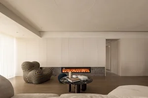 Minimalist living room with concrete fireplace andGuided meditation, deep relaxation, stress reduction, mental peace