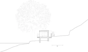 A minimalist sustainable house plan showing a cutaway view of a living space with a tree and hillside background.
