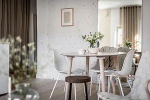 Modern dining room featuring minimalist furniture and wooden elements