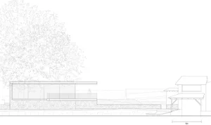 Simplified architectural drawing of a modern building exterior with stone, concrete, and glass materials.