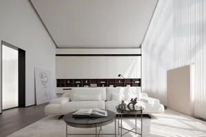Contemporary living room with white furniture, white walls, and a large window.