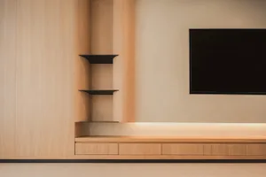 Minimalist living room featuring wooden shelves and a flat-screen television.
